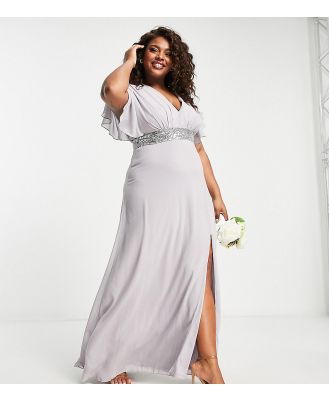 TFNC Plus Bridesmaid chiffon maxi dress with flutter sleeve and embellished waist in grey