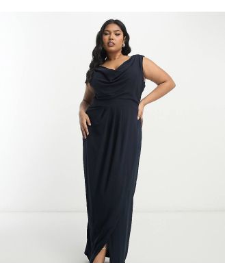 TFNC Plus Bridesmaid chiffon wrap maxi dress with cowl neck front and back in navy