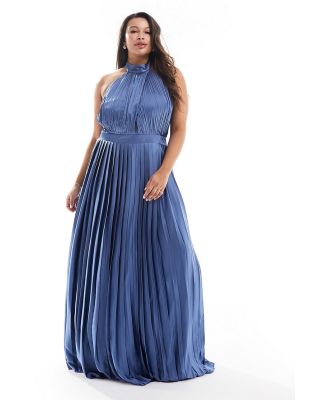 TFNC Plus Bridesmaid satin pleated halterneck maxi dress with full skirt in aster blue