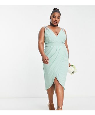 TFNC Plus Bridesmaid wrap front chiffon midi dress with embellished shoulder detail in sage green-Brown