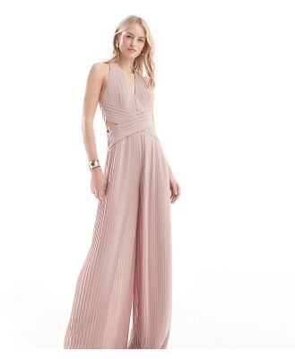 TFNC Tall Bridesmaid chiffon halter neck pleated jumpsuit in soft pink