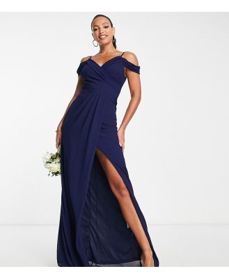 TFNC Tall Bridesmaid drape shoulder wrap dress in navy blue