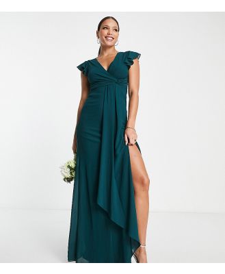 TFNC Tall Bridesmaid flutter sleeve ruffle detail maxi dress in emerald-Green
