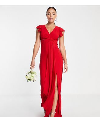 TFNC Tall Bridesmaid flutter sleeve ruffle detail maxi dress in red
