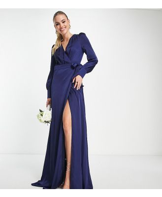 TFNC Tall Bridesmaid long sleeve satin maxi dress in navy blue
