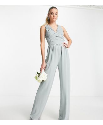 TFNC Tall Bridesmaid wrap front jumpsuit in sage green