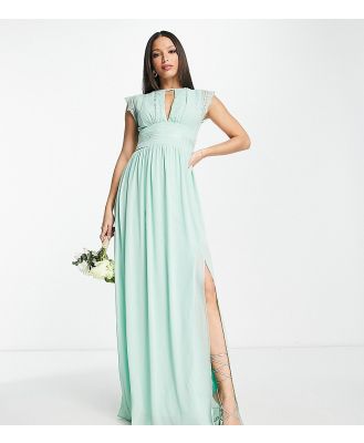 TFNC Tall Bridesmaids chiffon maxi dress with lace detail in sage-Brown