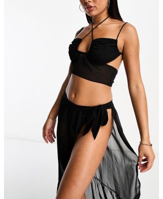 The Frolic Almandine beach textured tie detail crop top in black (part of a set)