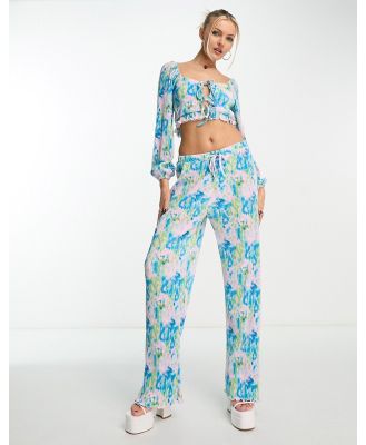 The Frolic plisse wide leg pants in blue washed floral (part of a set)-Multi