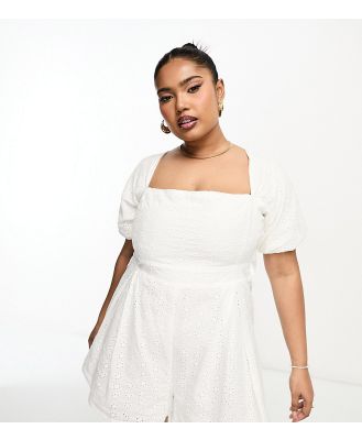 The Frolic Plus square neck puff sleeve playsuit in white broderie