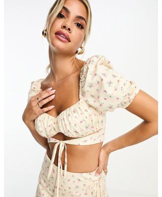 The Frolic puff sleeve milkmaid crop top with strap detail in vintage floral (Part of a set)-Multi