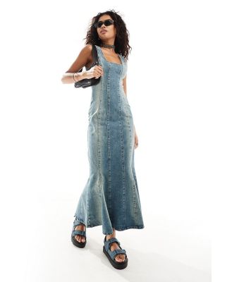 The Ragged Priest fitted 90s maxi denim dress in overdye blue