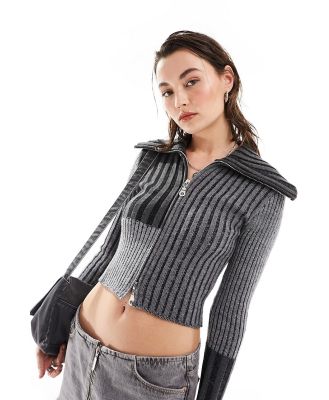 The Ragged Priest rib knit cardigan with double zip in grey patchwork-Multi