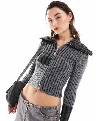 The Ragged Priest rib knit cardigan with double zip in grey patchwork-Multi