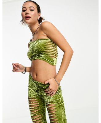 The Ragged Priest slashed velvet one shoulder chain crop top (part of a set)-Green