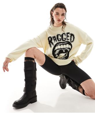 The Ragged Priest unisex knitted jumper with mouth logo in ecru-Black