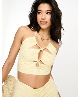 Threadbare broderie cut out halter neck crop top in yellow (part of a set)
