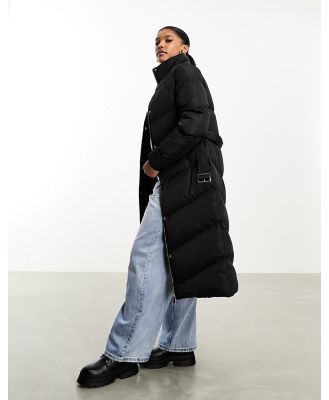 Threadbare Holly belted waist maxi puffer coat in black