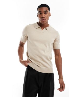 Threadbare knitted trophy neck polo in light brown