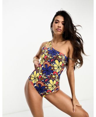 Threadbare one shoulder swimsuit with cut out detail in blue retro floral print