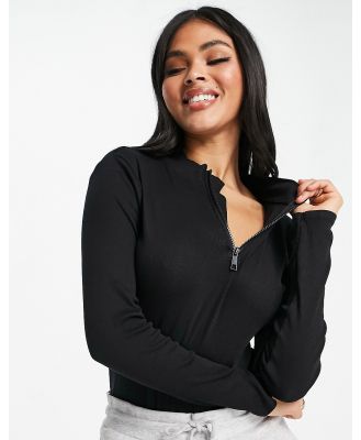 Threadbare ribbed high neck half zip long sleeve bodysuit in black