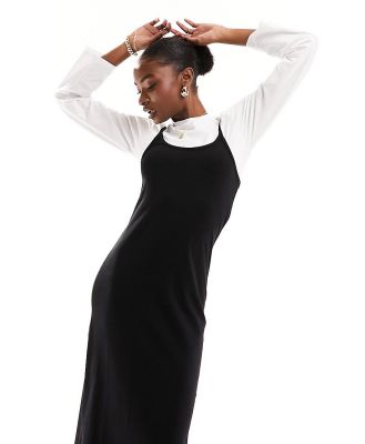 Threadbare Sabrina 2 in 1 long sleeve top and cami midi dress in black