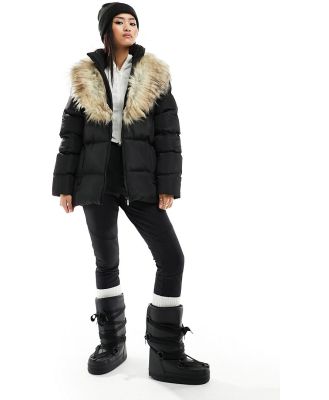 Threadbare Ski belted puffer coat with faux fur collar in black