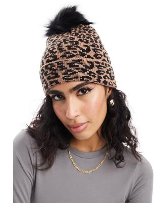 Threadbare Ski faux fur bobble hat in leopard print-Black