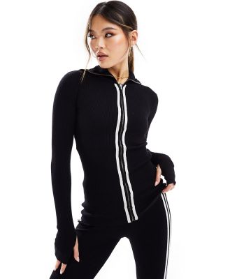 Threadbare Ski knitted leggings and zip up top set in black with white contrast