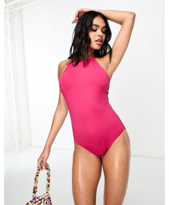 Threadbare sporty high neck swimsuit in magenta pink