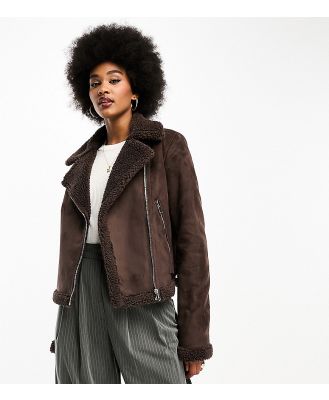 Threadbare Tall Betsy suedette aviator jacket with borg trims in chocolate brown