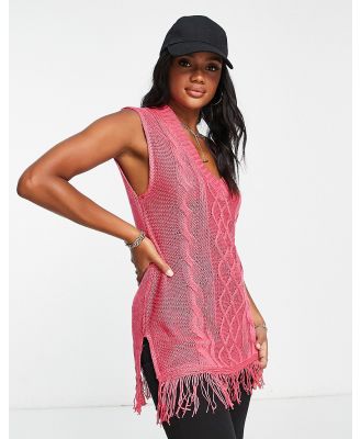 Threadbare Tango sleeveless cable knit v neck jumper with fringe hem in bright pink