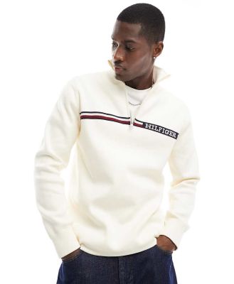 Tommy Hilfiger Global Stripe zip mock neck jumper in cream-White