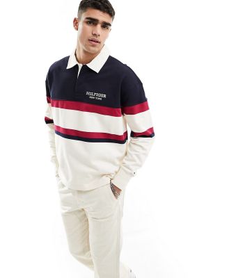 Tommy Hilfiger monotype colourblock rugby shirt in cream-White
