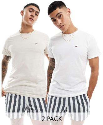 Tommy Jeans 2 pack slim logo t-shirts in white and beige