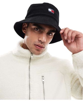 Tommy Jeans cord flag bucket hat in black