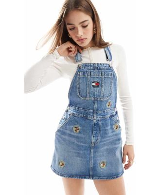 Tommy Jeans dungaree dress in mid wash with crest logos-Blue