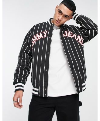 Tommy Jeans essential logo pinstripe bomber jacket in black