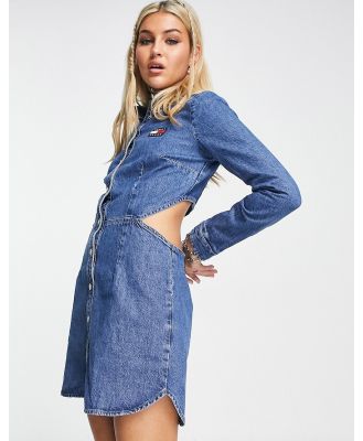 Tommy Jeans flag logo shirt dress in mid wash-Blue