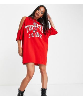 Tommy Jeans x ASOS exclusive varsity logo cold shoulder t-shirt dress in red