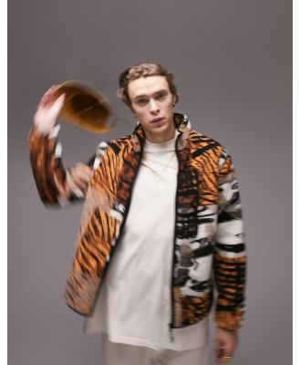 Topman borg jacket with all over animal print in brown