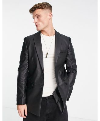 Topman boxy slim two button faux leather blazer in black