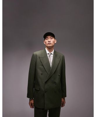 Topman double-breasted six-button oversized boxy warmhandle suit jacket in khaki-Green