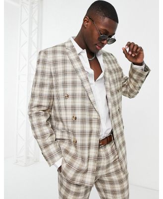 Topman double breasted slim check suit jacket in tan-Brown