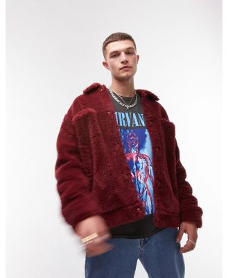 Topman faux fur western jacket in burgundy-Red