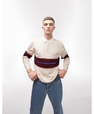 Topman knitted rugby polo with stripe in ecru and pink-Multi