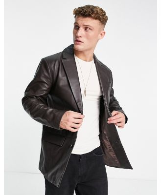Topman leather boxy slim blazer in brown