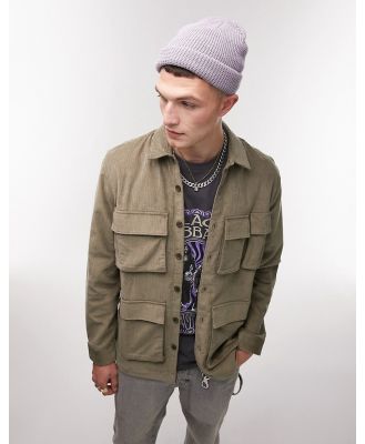 Topman long sleeve regular fit cord overshirt with pocket detailing in khaki-Green