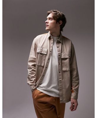 Topman long sleeve relaxed twill shirt with nylon colour block in stone and orange-Neutral