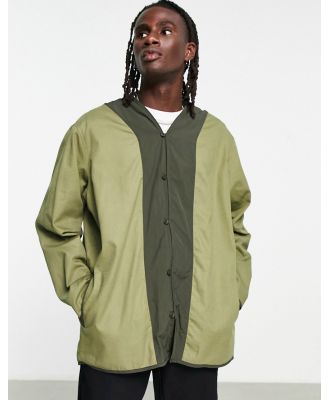 Topman long sleeve supreme oversized collarless overshirt with back design in khaki-Green
